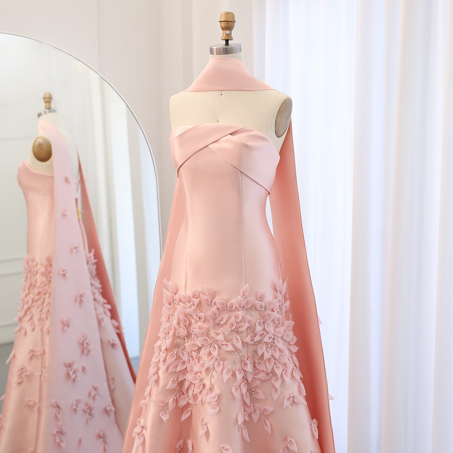 Luxury 3D Leaves Blush Pink Mermaid Evening Dress with Cape SS463