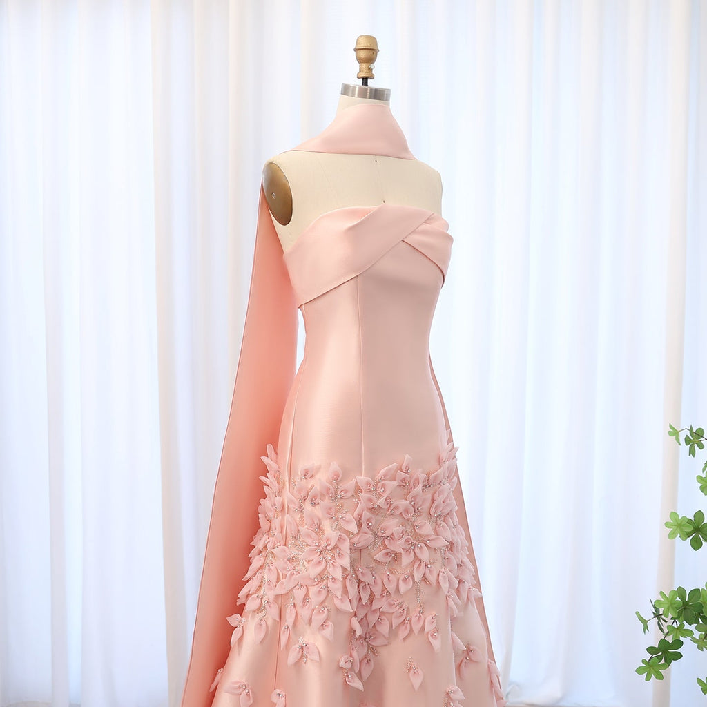 Luxury 3D Leaves Blush Pink Mermaid Evening Dress with Cape SS463