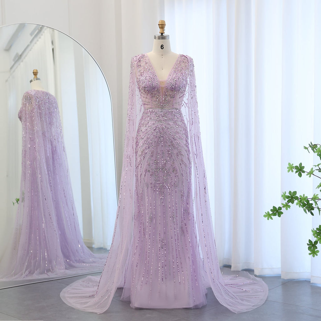 Luxury Turquoise V-Neck Mermaid Evening Dresses with Cape SS397