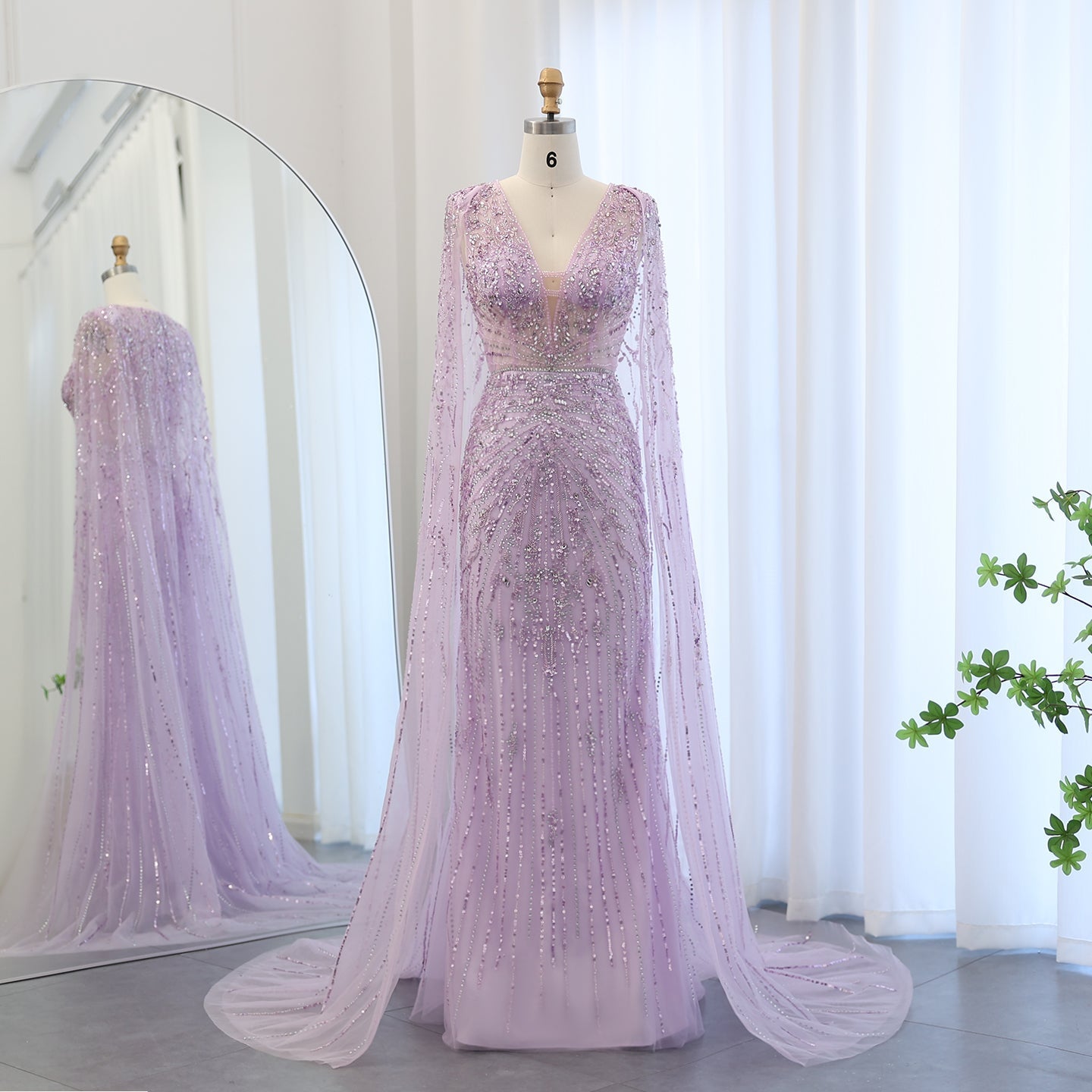 Luxury Turquoise V-Neck Mermaid Evening Dresses with Cape SS397