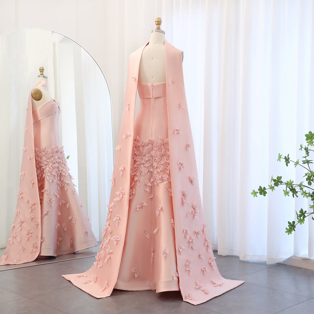 Luxury 3D Leaves Blush Pink Mermaid Evening Dress with Cape SS463