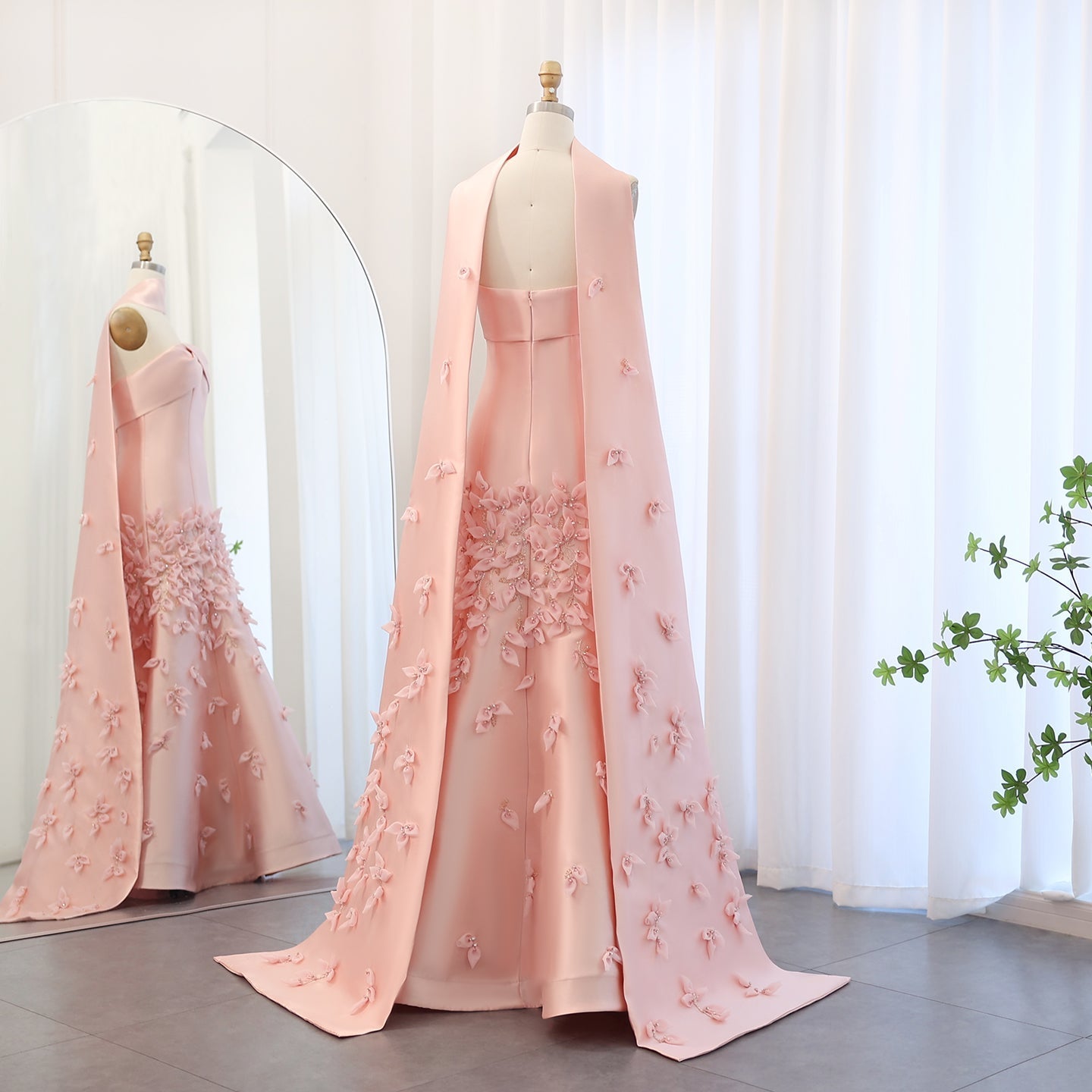 Luxury 3D Leaves Blush Pink Mermaid Evening Dress with Cape SS463