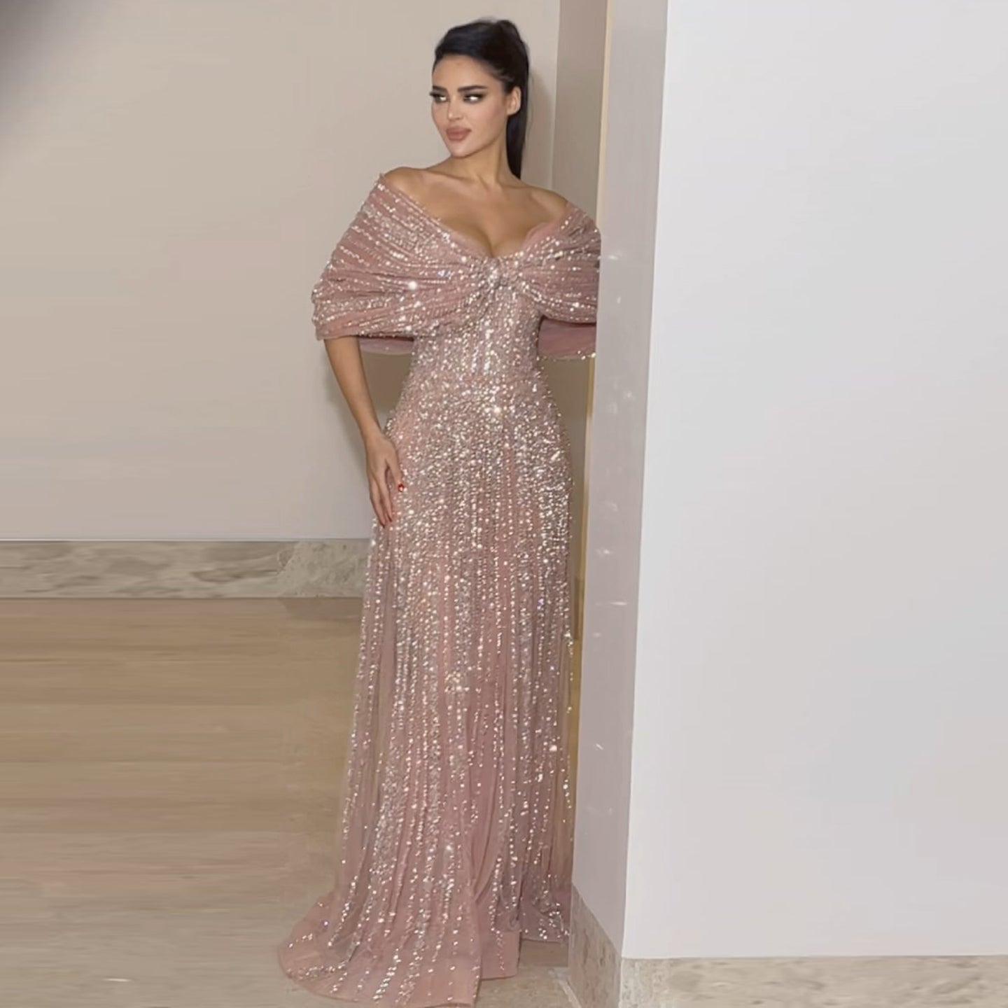 Stunning Beaded Blush Pink Off-Shoulder Evening Dress SS653