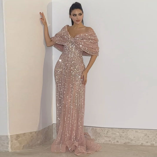 Stunning Beaded Blush Pink Off-Shoulder Evening Dress SS653