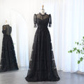Luxury Black A-Line Half Sleeves Lace Pleats Long Evening Dress SF016