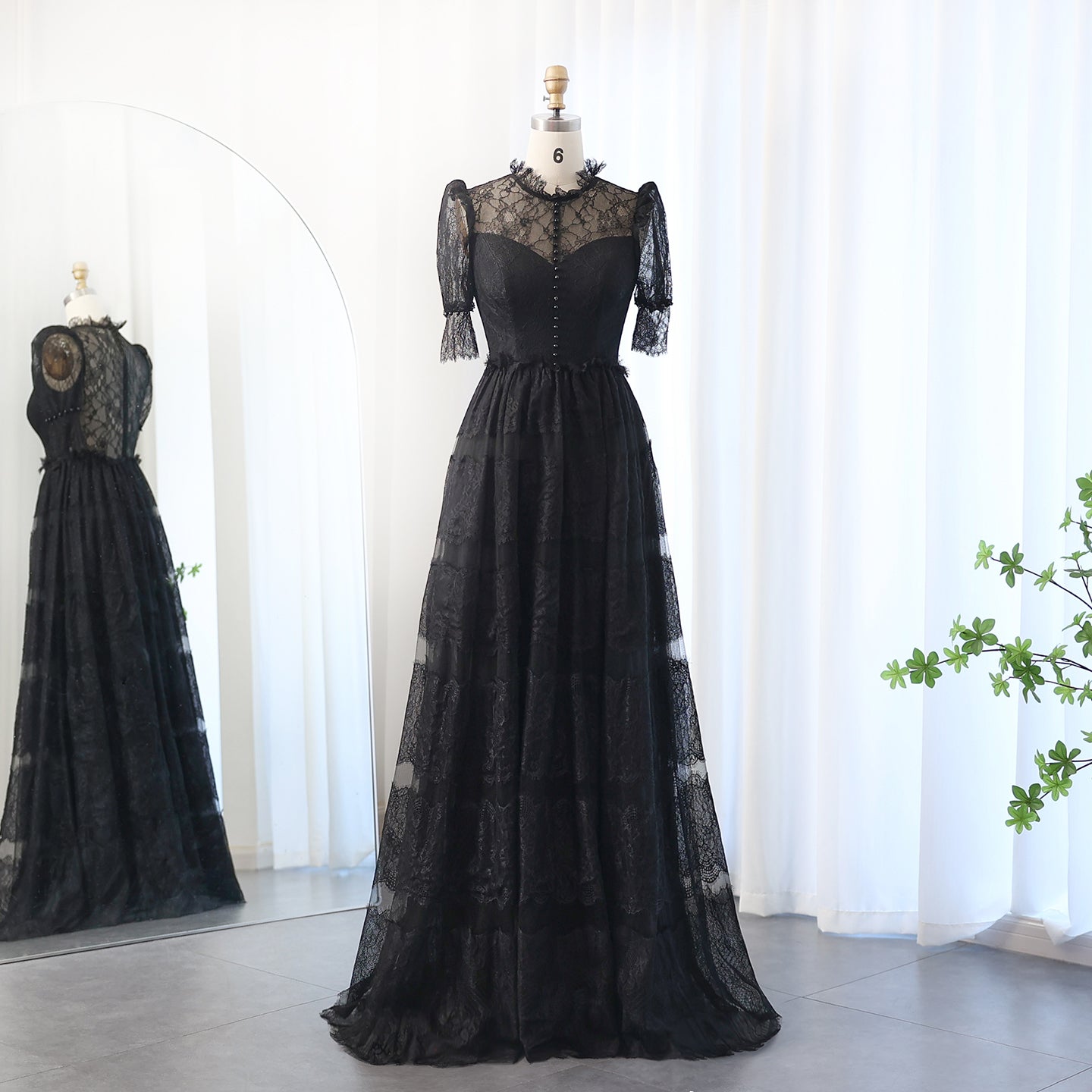Luxury Black A-Line Half Sleeves Lace Pleats Long Evening Dress SF016