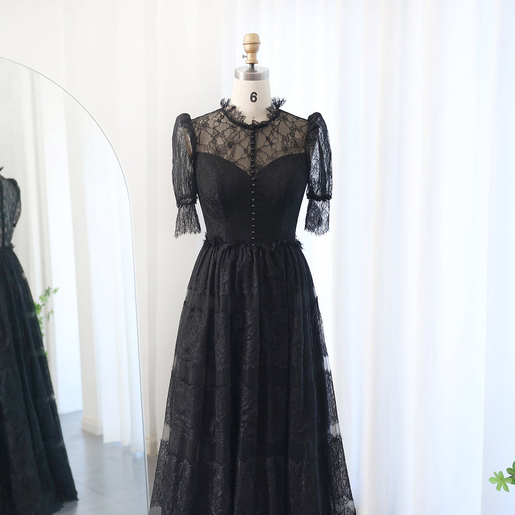 Luxury Black A-Line Half Sleeves Lace Pleats Long Evening Dress SF016