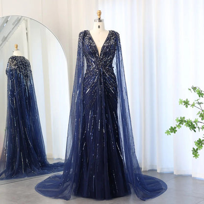 Luxury Dubai Green Evening Dresses with Cape Fuchsia Crystal Gold SS399