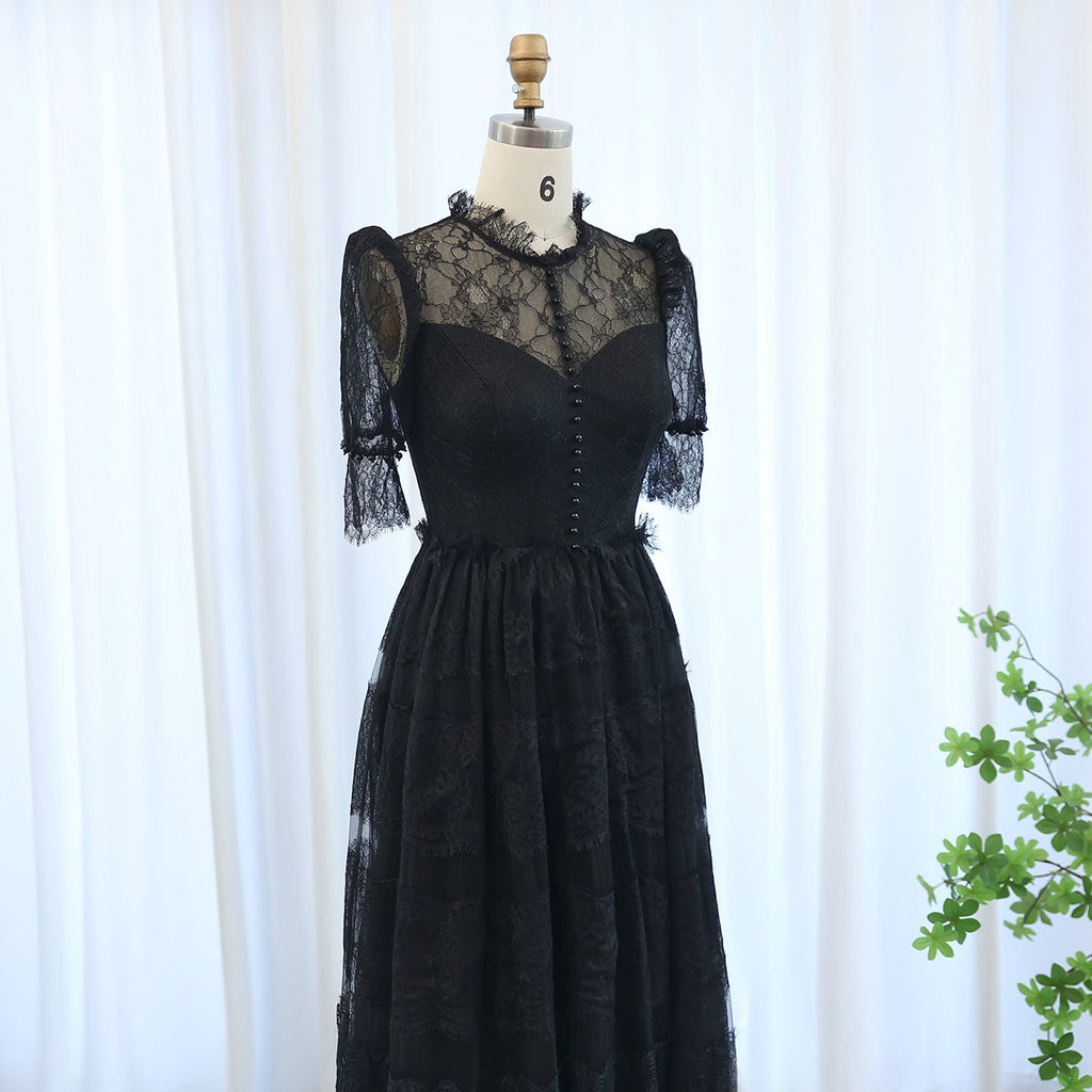 Luxury Black A-Line Half Sleeves Lace Pleats Long Evening Dress SF016
