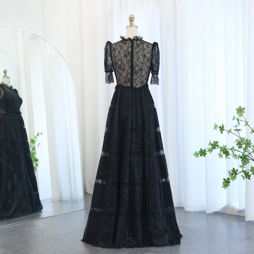 Luxury Black A-Line Half Sleeves Lace Pleats Long Evening Dress SF016