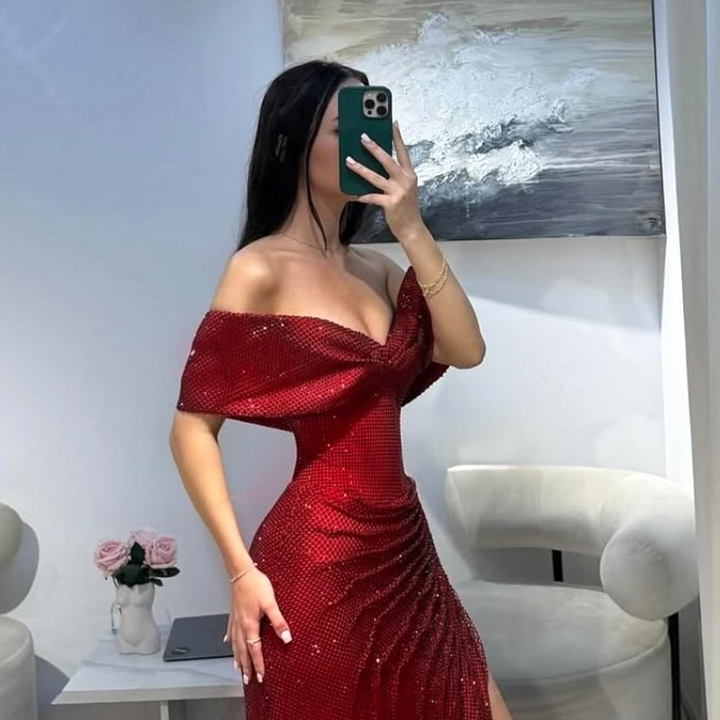 Luxury Off-the-Shoulder Ruched High-Slit Evening Dress SH570