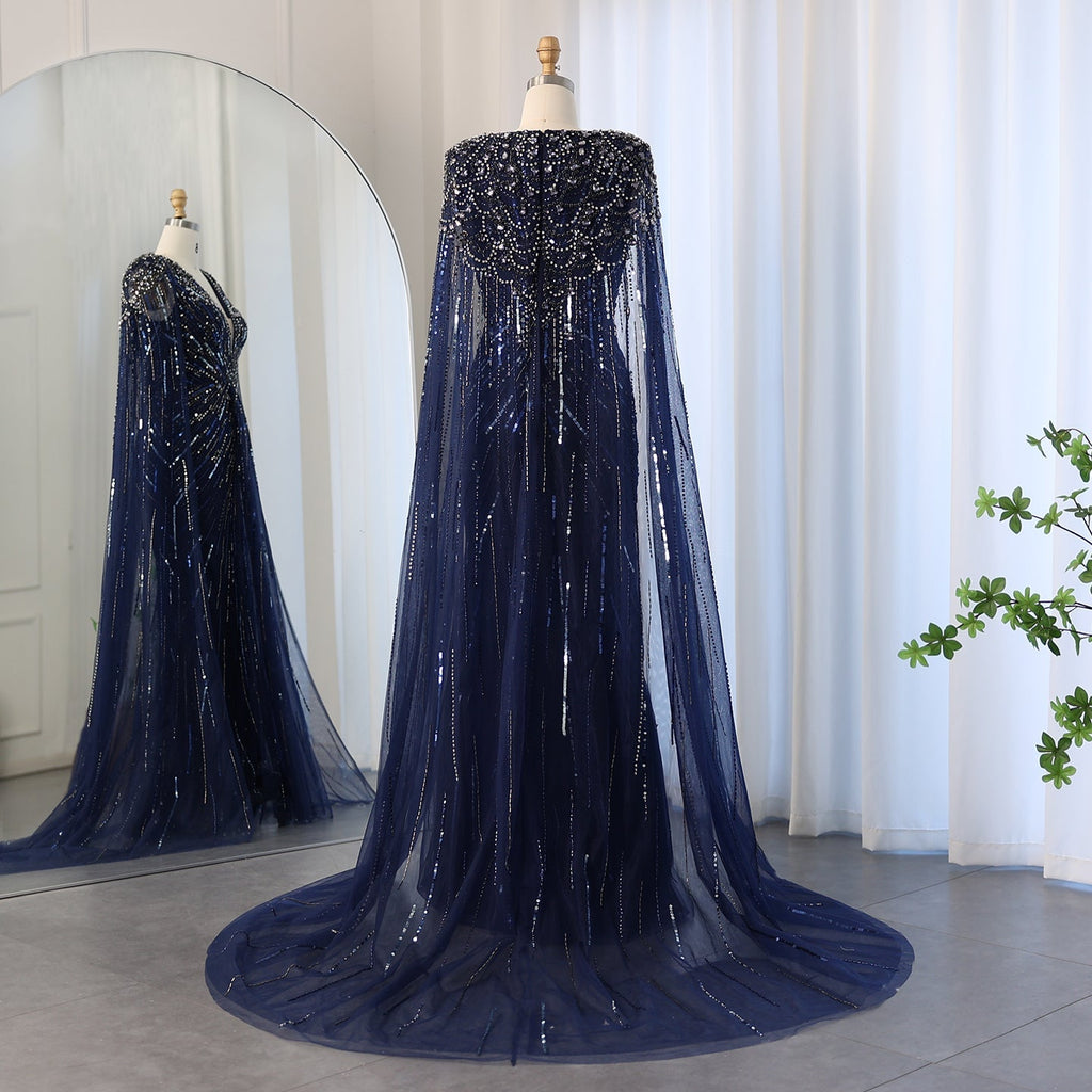 Luxury Crystal Sage Green V-Neck Evening Dresses with Cape SS399