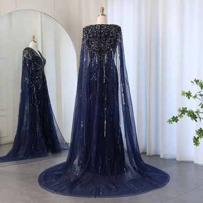 Luxury Dubai Green Evening Dresses with Cape Fuchsia Crystal Gold SS399