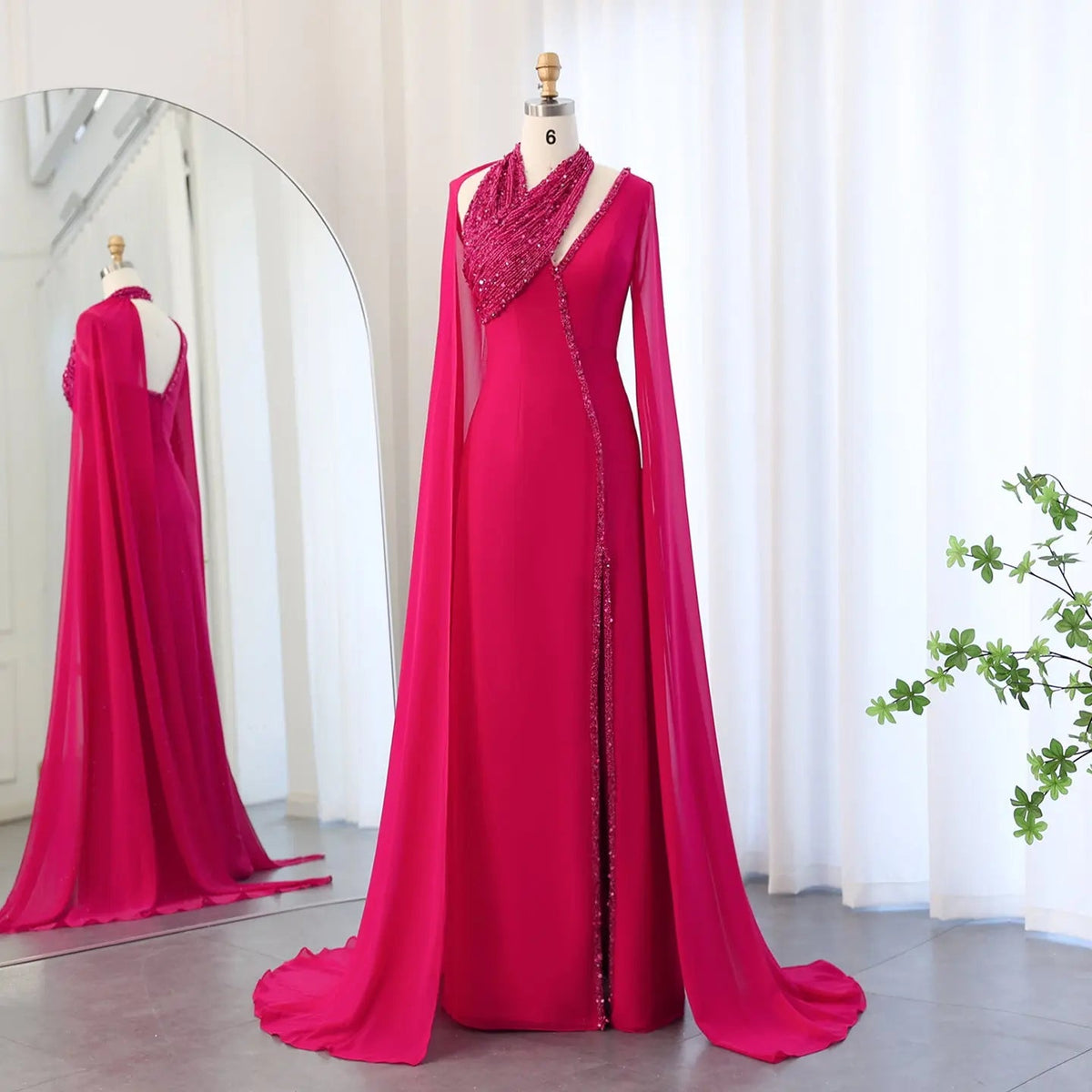 Luxury Green Halter Evening Dress with Cape Sleeves SS474