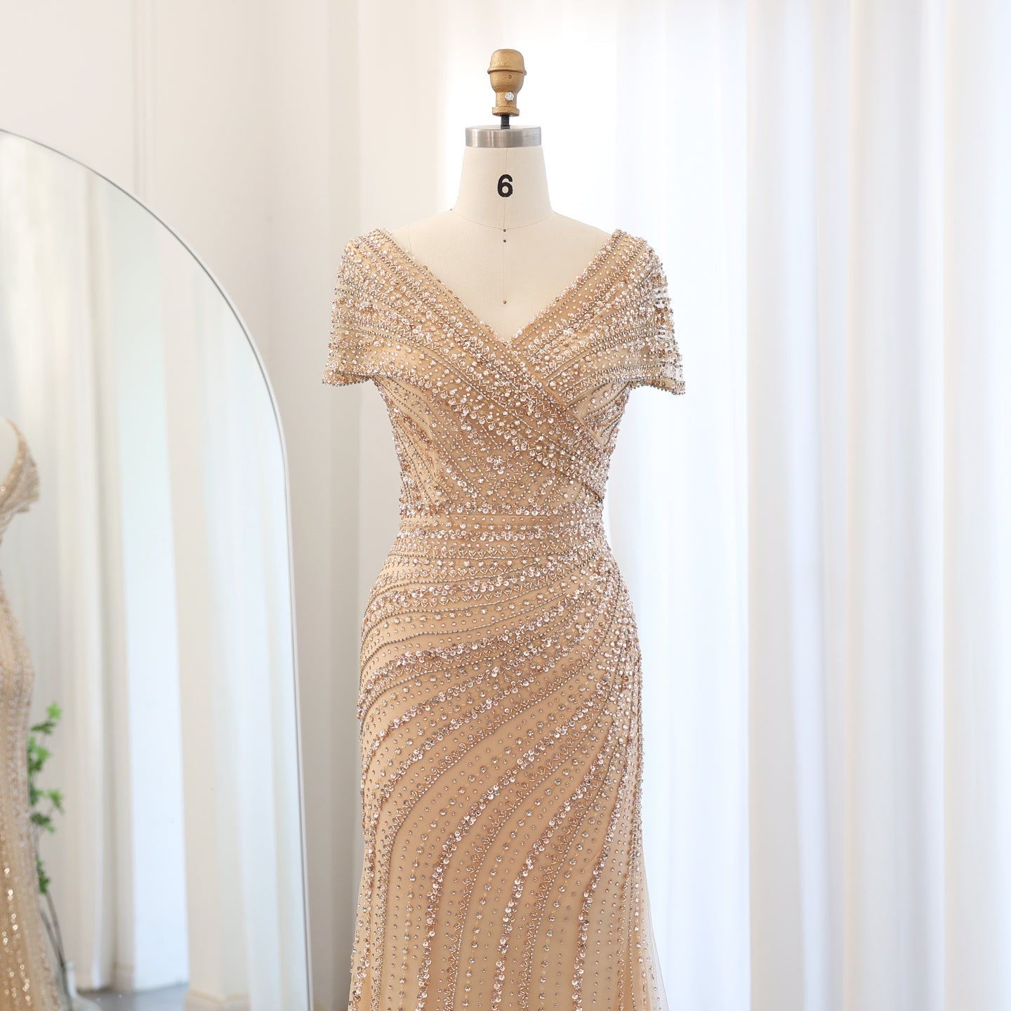Luxury Silver Nude Mermaid Evening Dress with Cap Sleeves SS045
