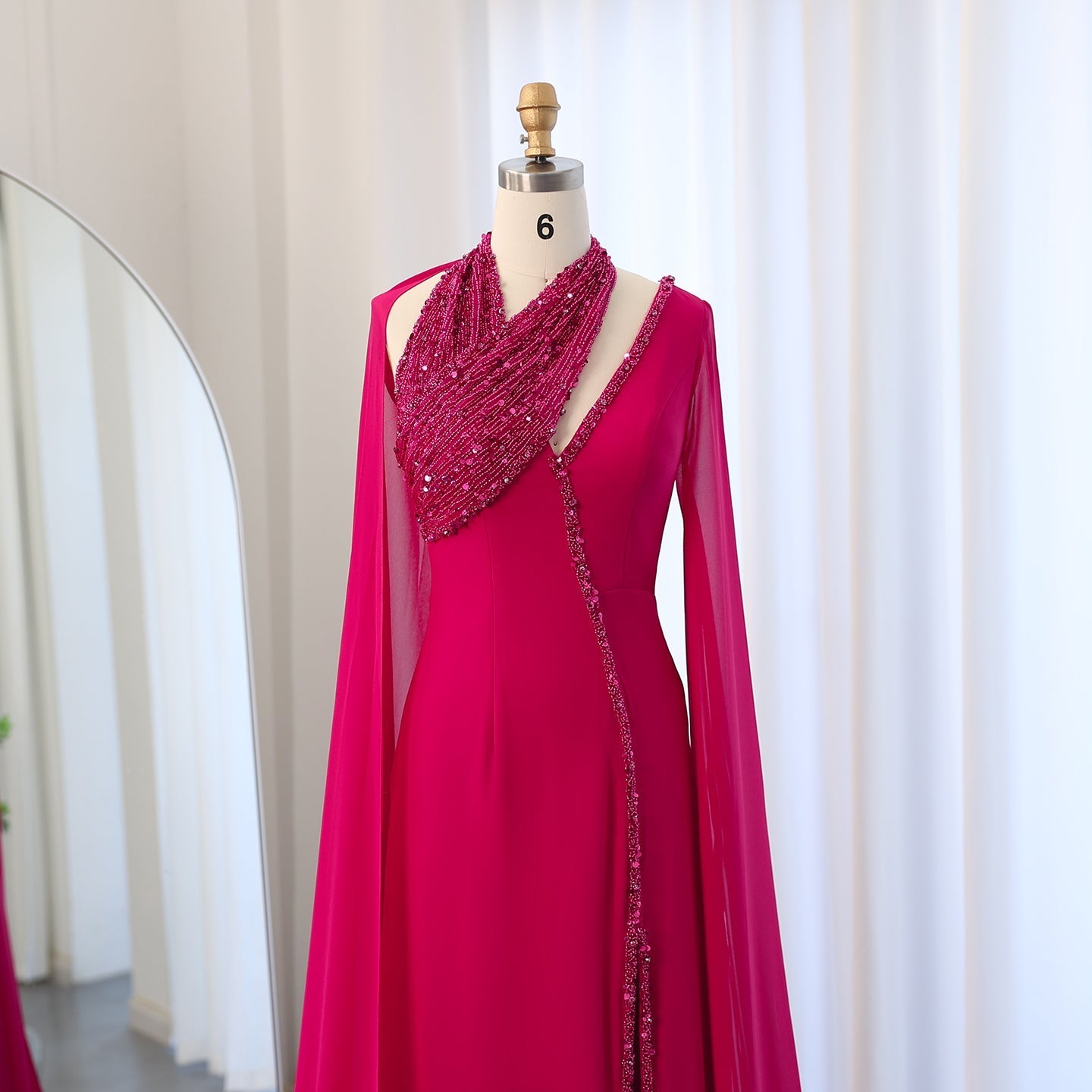 Luxury Beaded Turquoise Chiffon Evening Dress with Cape Sleeves SS474