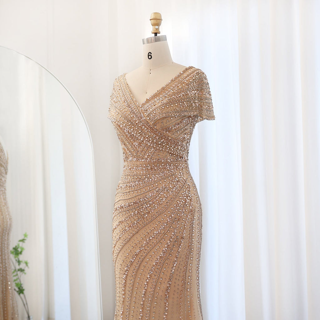 Luxury Silver Nude Mermaid Evening Dress with Cap Sleeves SS045