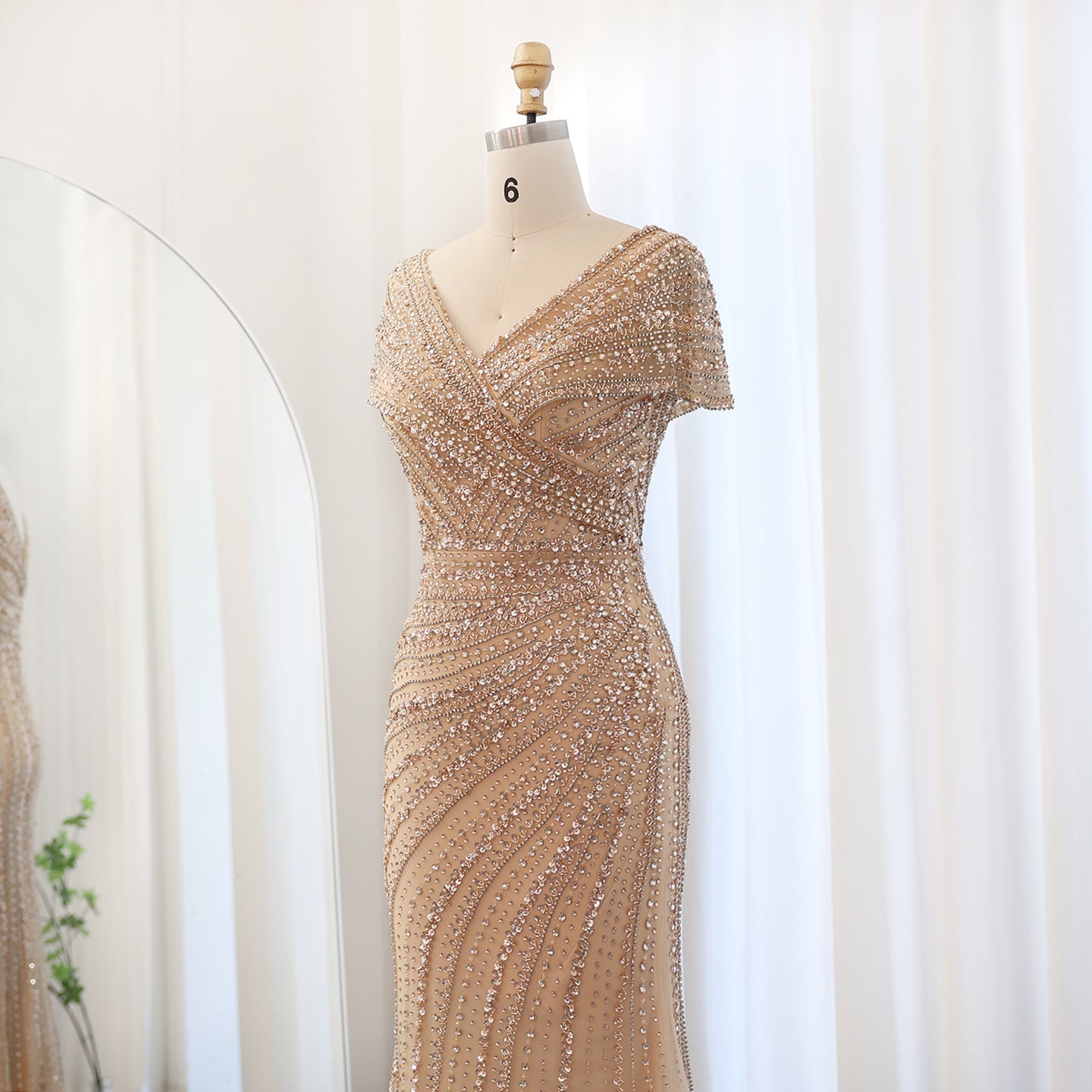 Luxury Silver Nude Mermaid Evening Dress with Cap Sleeves SS045