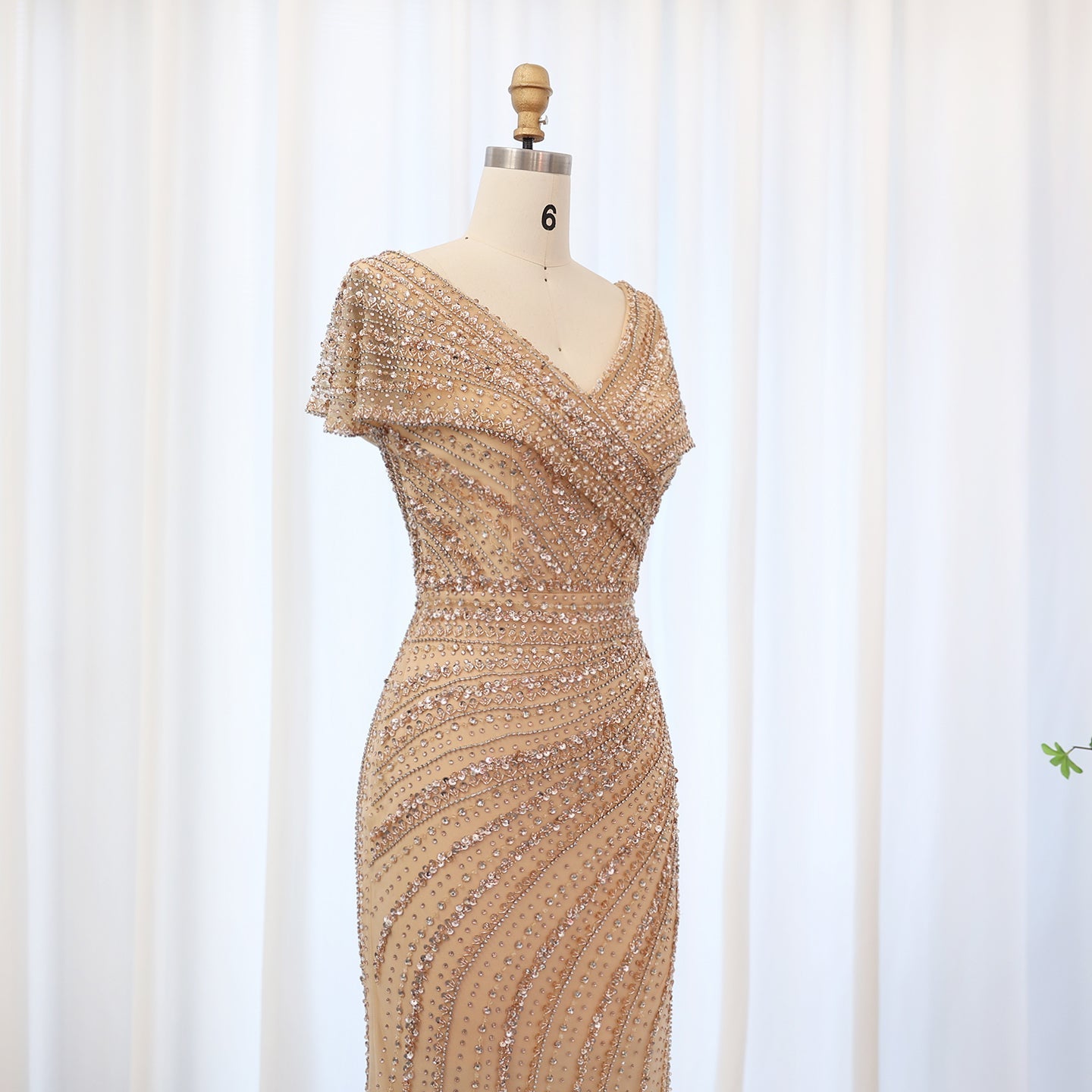 Luxury Silver Nude Mermaid Evening Dress with Cap Sleeves SS045