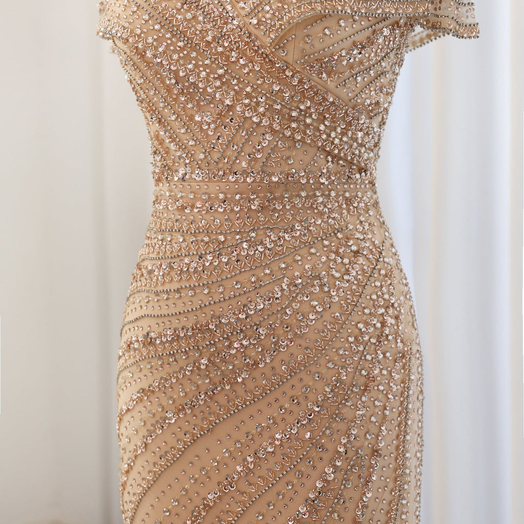 Luxury Silver Nude Mermaid Evening Dress with Cap Sleeves SS045
