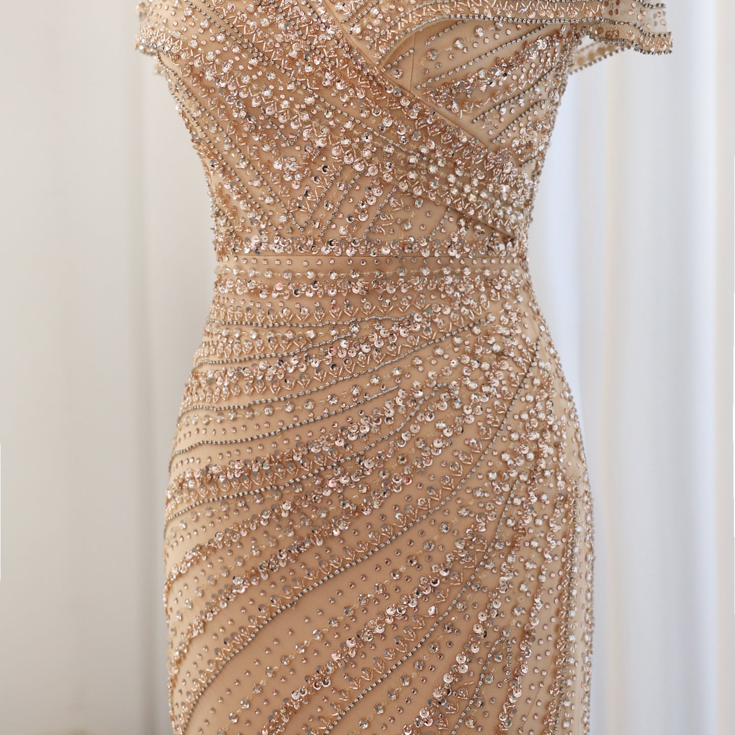 Luxury Silver Nude Mermaid Evening Dress with Cap Sleeves SS045