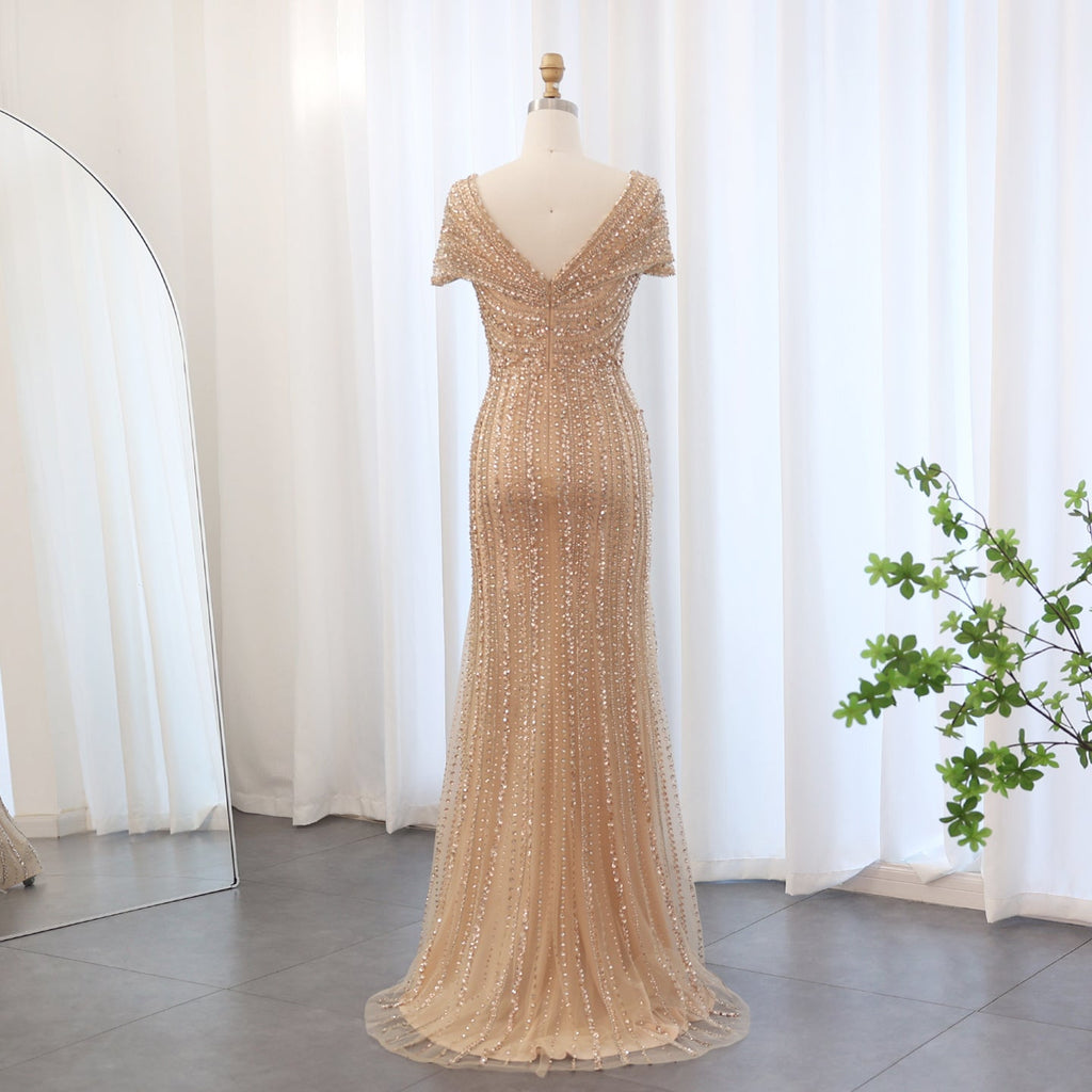Luxury Silver Nude Mermaid Evening Dress with Cap Sleeves SS045