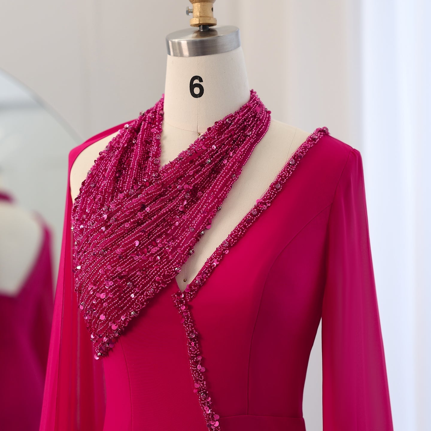 Luxury Beaded Turquoise Chiffon Evening Dress with Cape Sleeves SS474