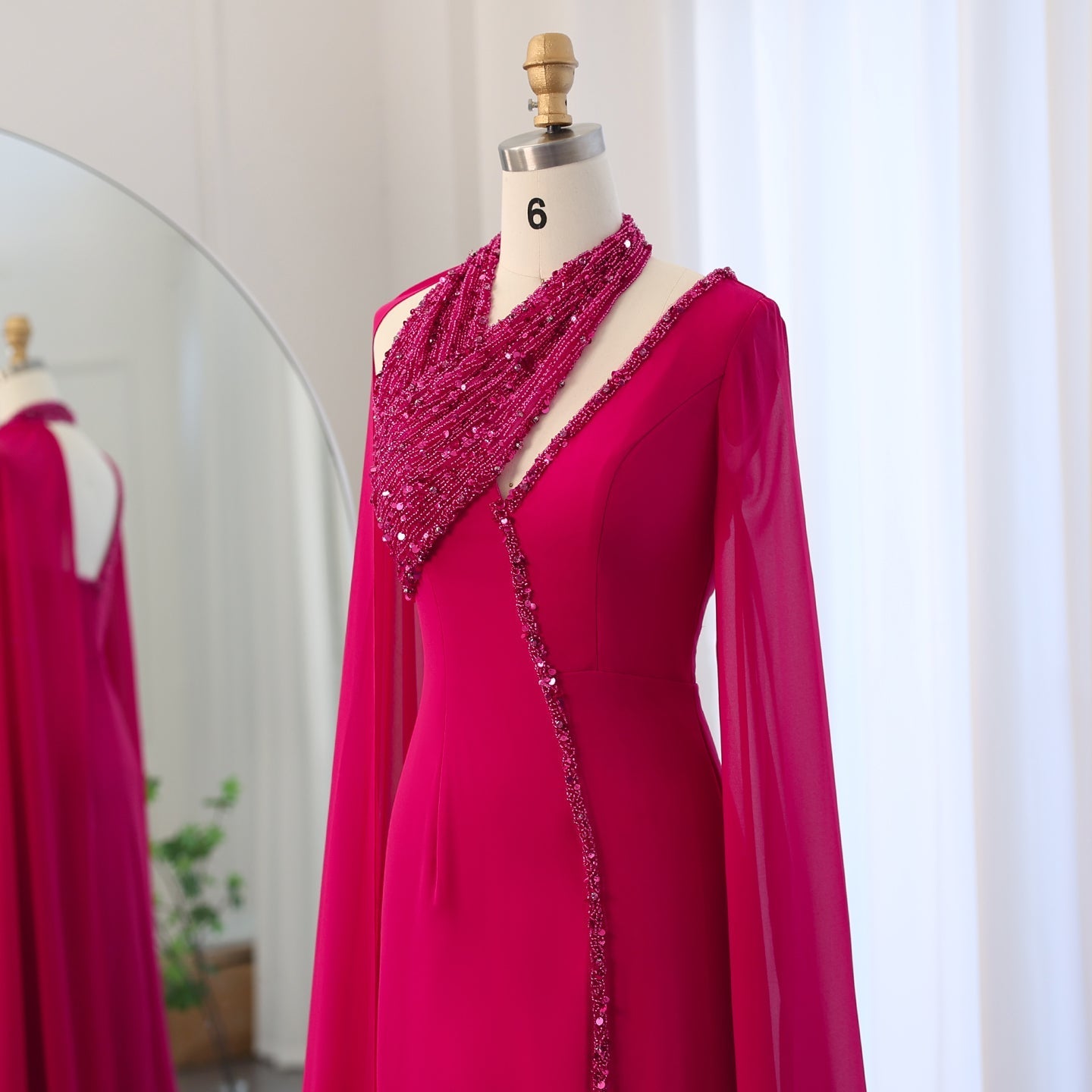 Luxury Beaded Turquoise Chiffon Evening Dress with Cape Sleeves SS474
