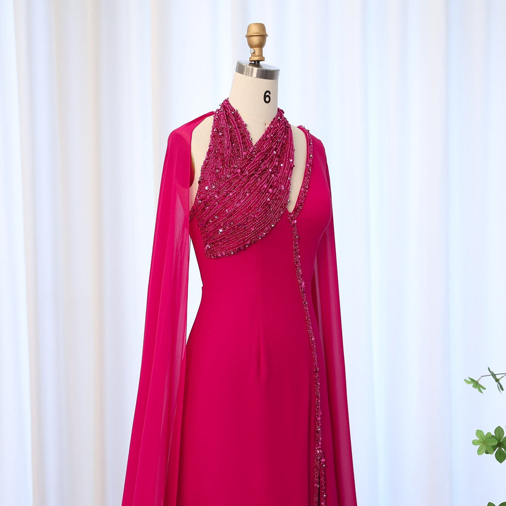 Luxury Beaded Turquoise Chiffon Evening Dress with Cape Sleeves SS474