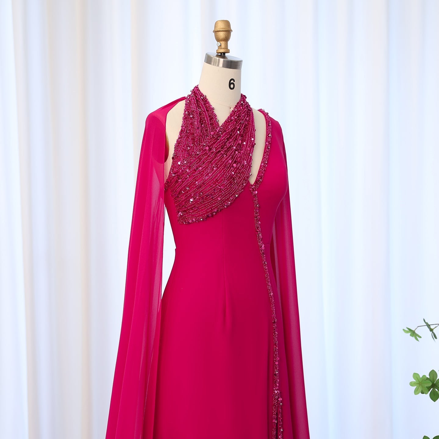 Luxury Beaded Turquoise Chiffon Evening Dress with Cape Sleeves SS474