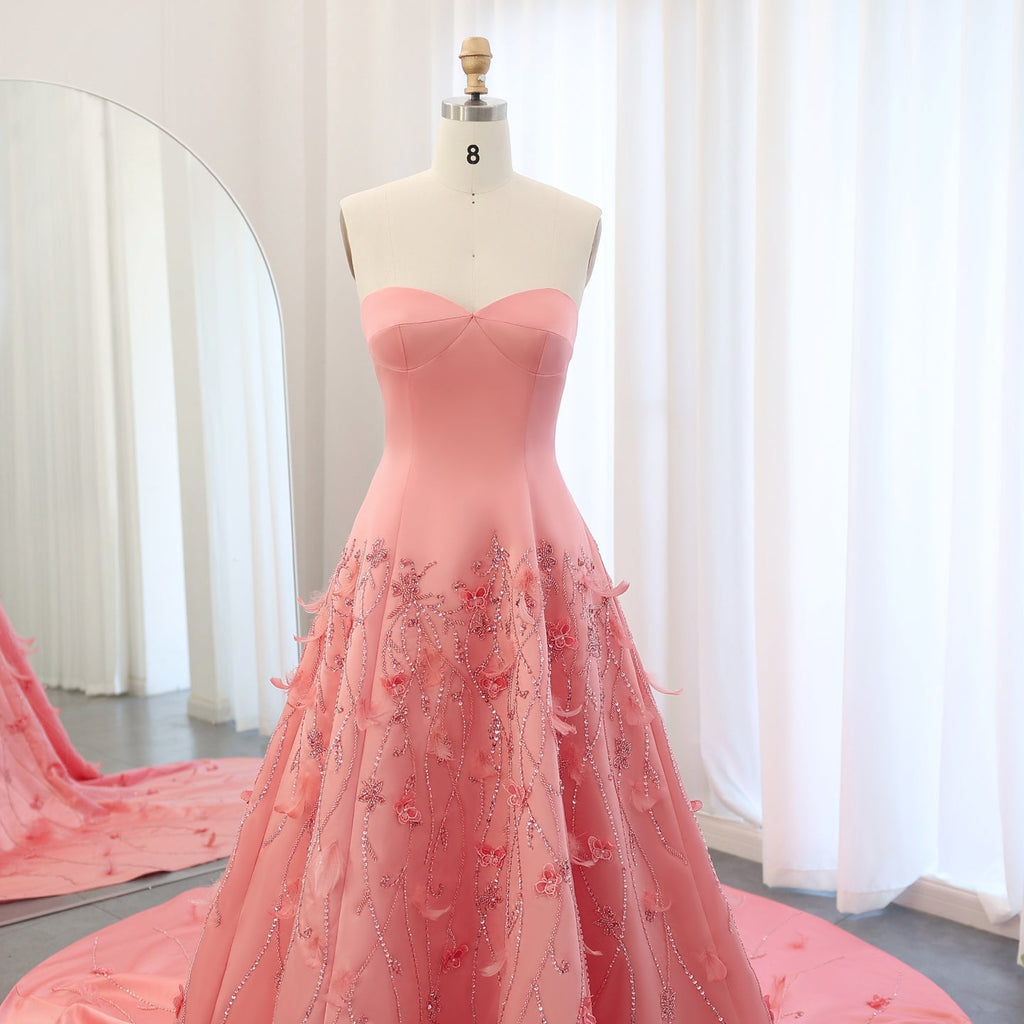 Luxury Feathers Coral Pink Beaded A-Line Evening Dresses SS470