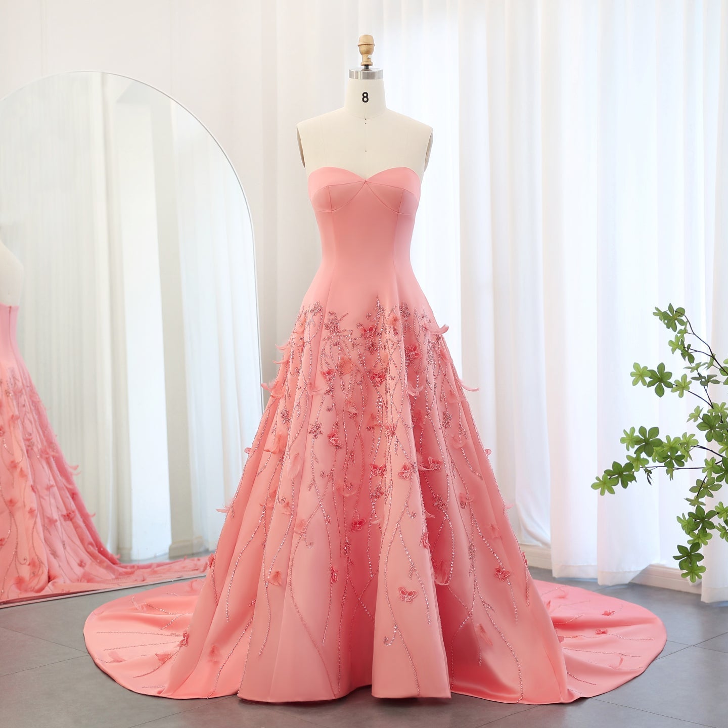Luxury Feathers Coral Pink Beaded A-Line Evening Dresses SS470