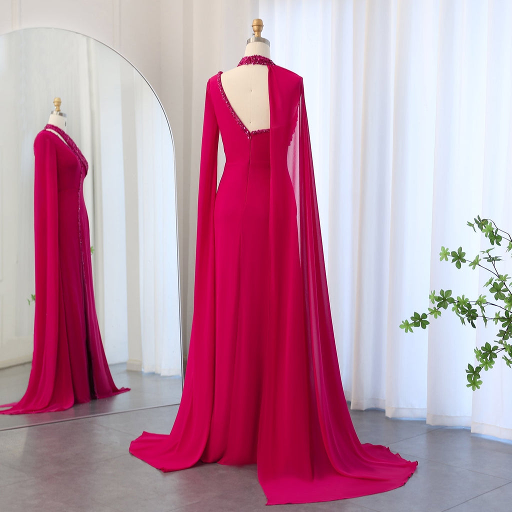 Luxury Beaded Turquoise Chiffon Evening Dress with Cape Sleeves SS474