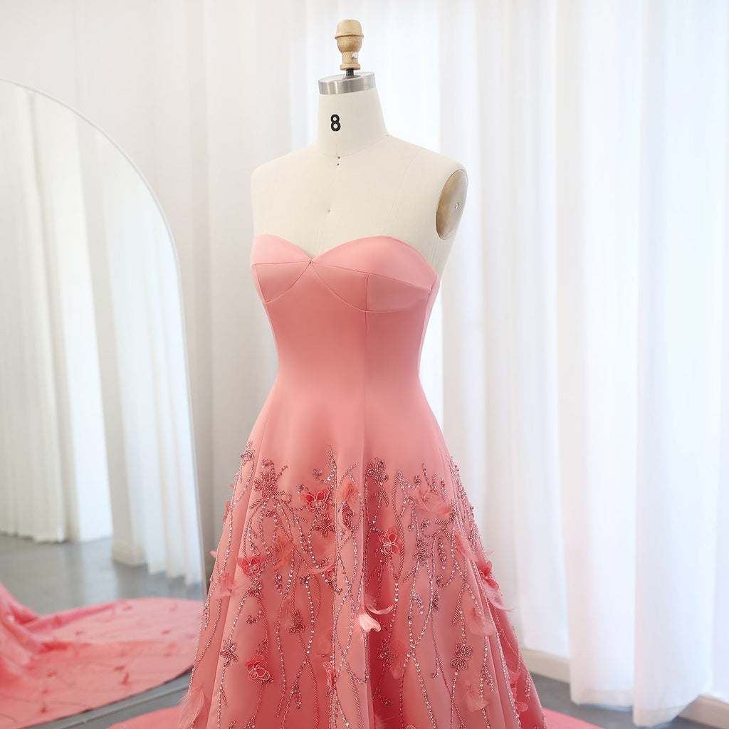 Luxury Feathers Coral Pink Beaded A-Line Evening Dresses SS470
