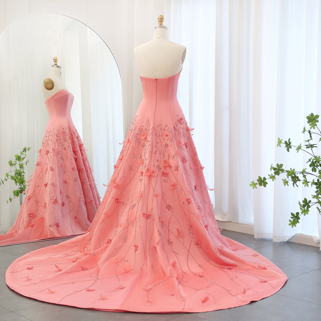 Luxury Feathers Coral Pink Beaded A-Line Evening Dresses SS470