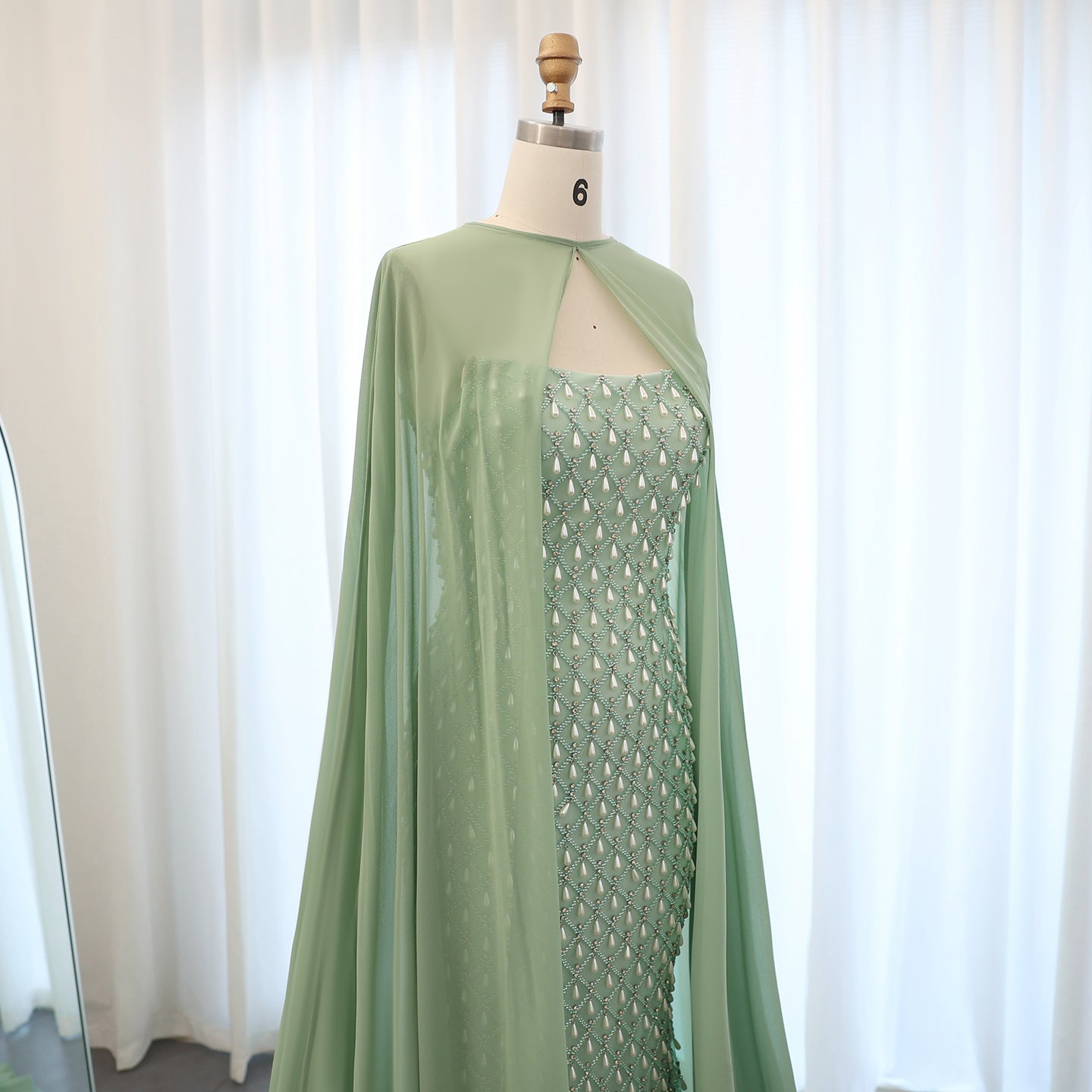 Luxury Pearls Sage Green Strapless Mermaid Evening Dress with Cape SS431
