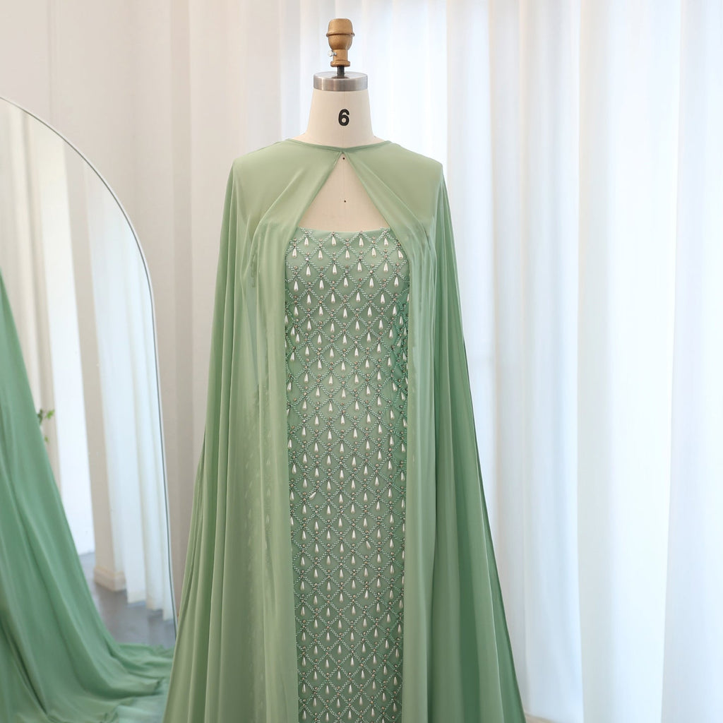 Luxury Pearls Sage Green Strapless Mermaid Evening Dress with Cape SS431