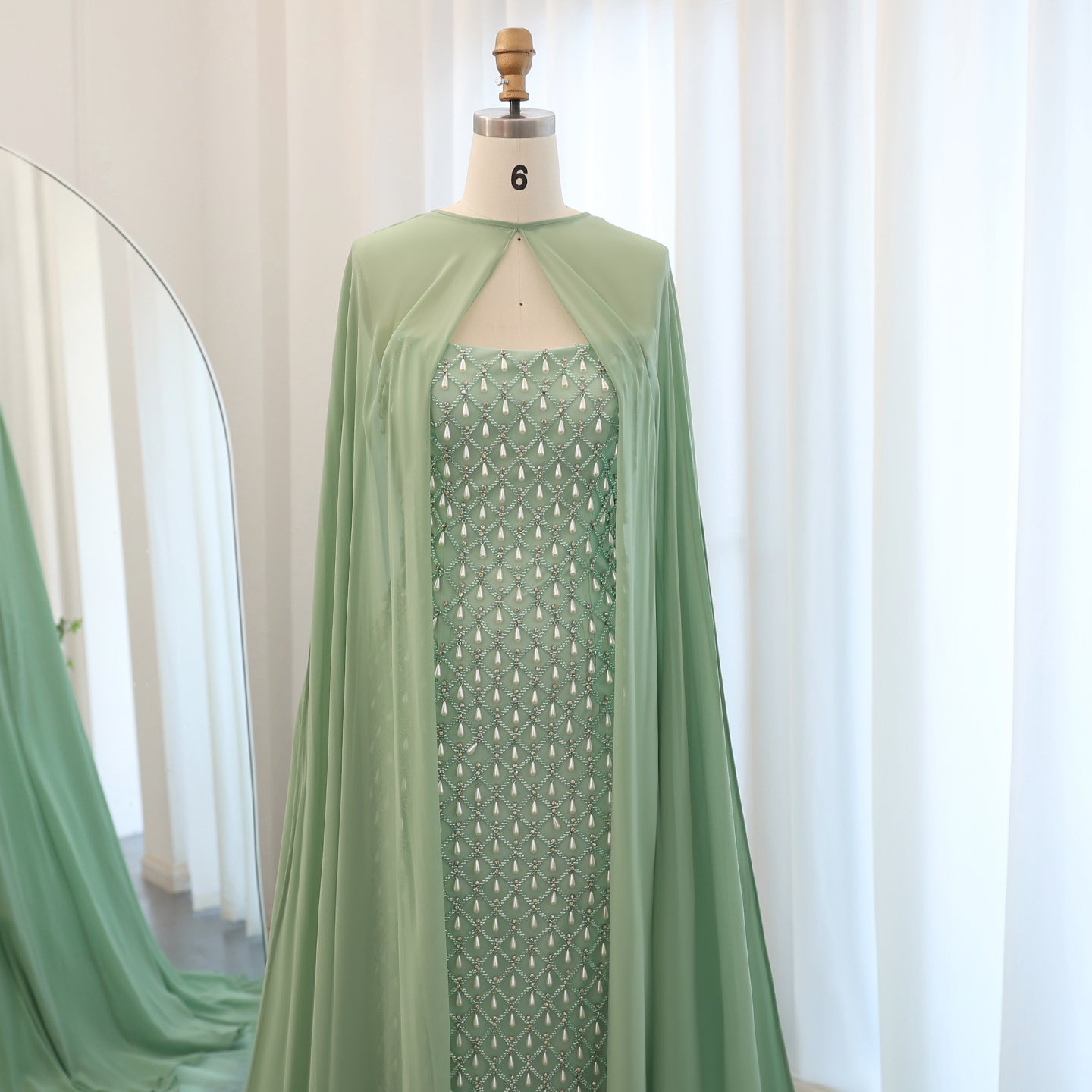 Luxury Pearls Sage Green Strapless Mermaid Evening Dress with Cape SS431