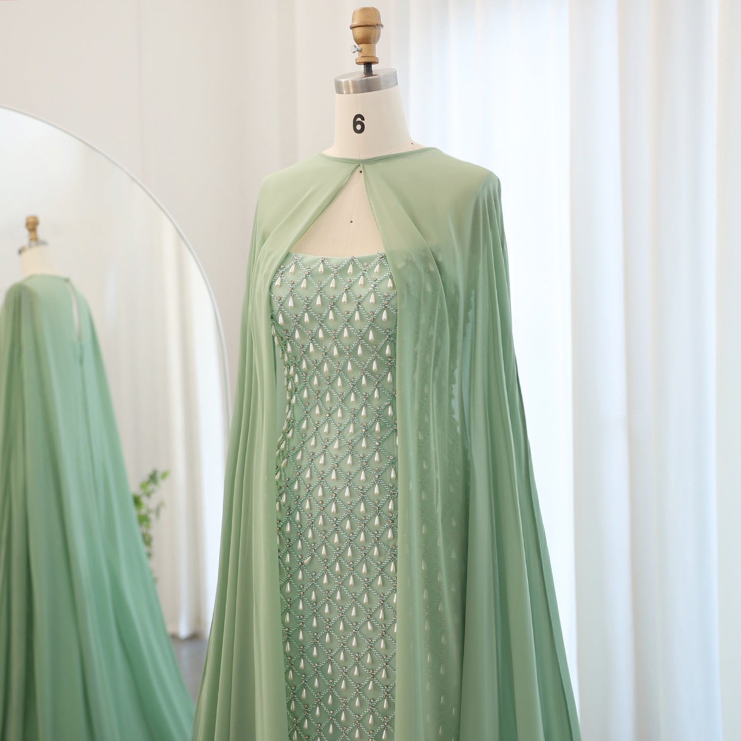 Luxury Pearls Sage Green Strapless Mermaid Evening Dress with Cape SS431