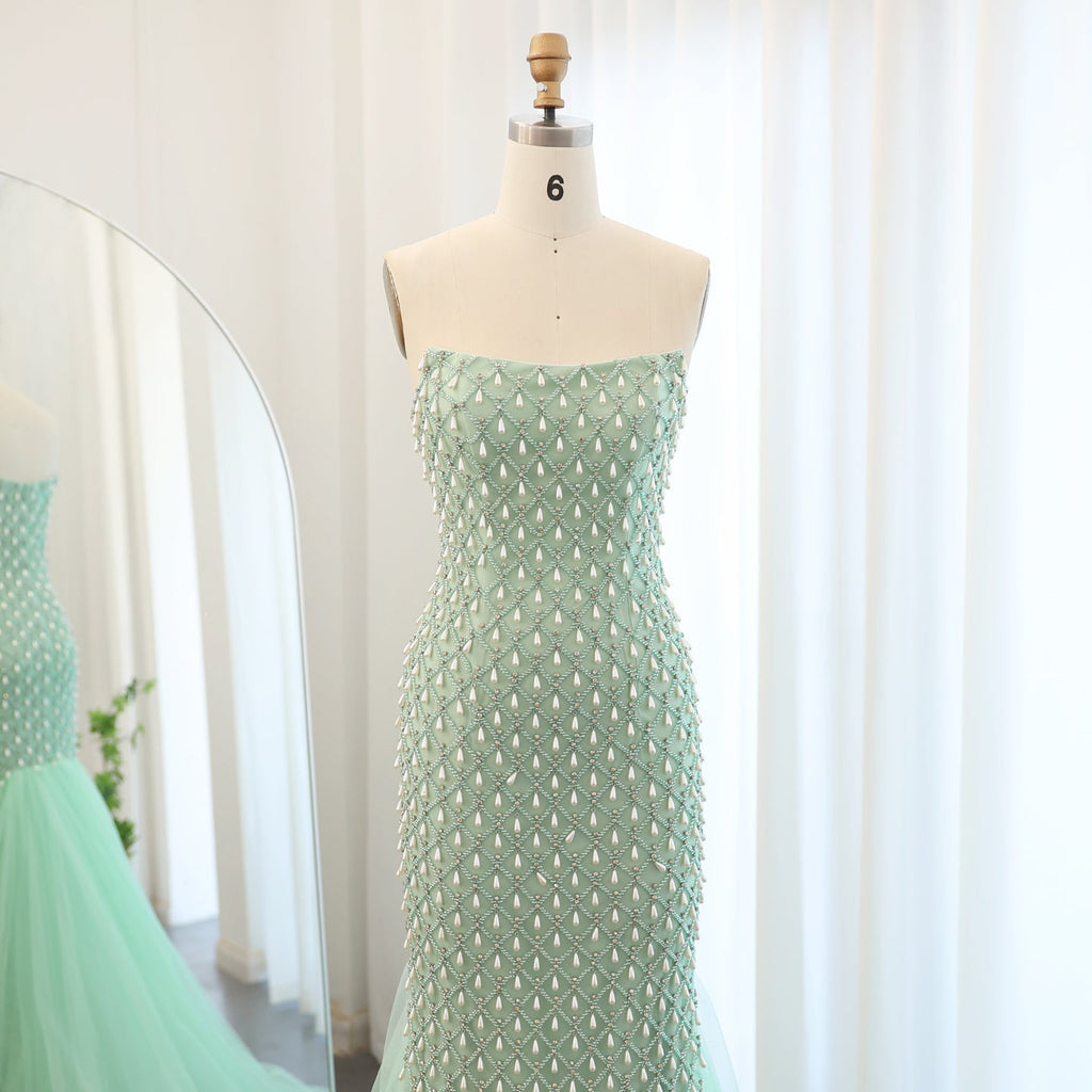 Luxury Pearls Sage Green Strapless Mermaid Evening Dress with Cape SS431