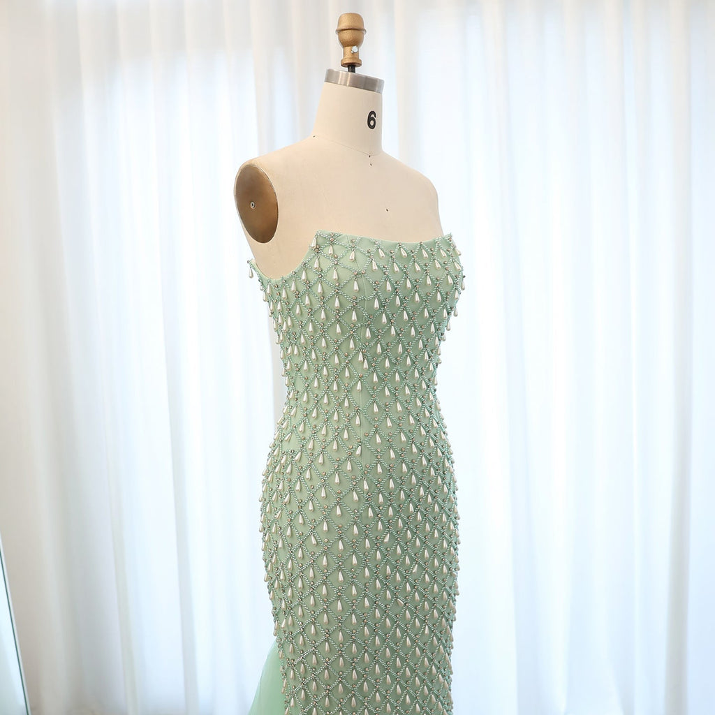 Luxury Pearls Sage Green Strapless Mermaid Evening Dress with Cape SS431