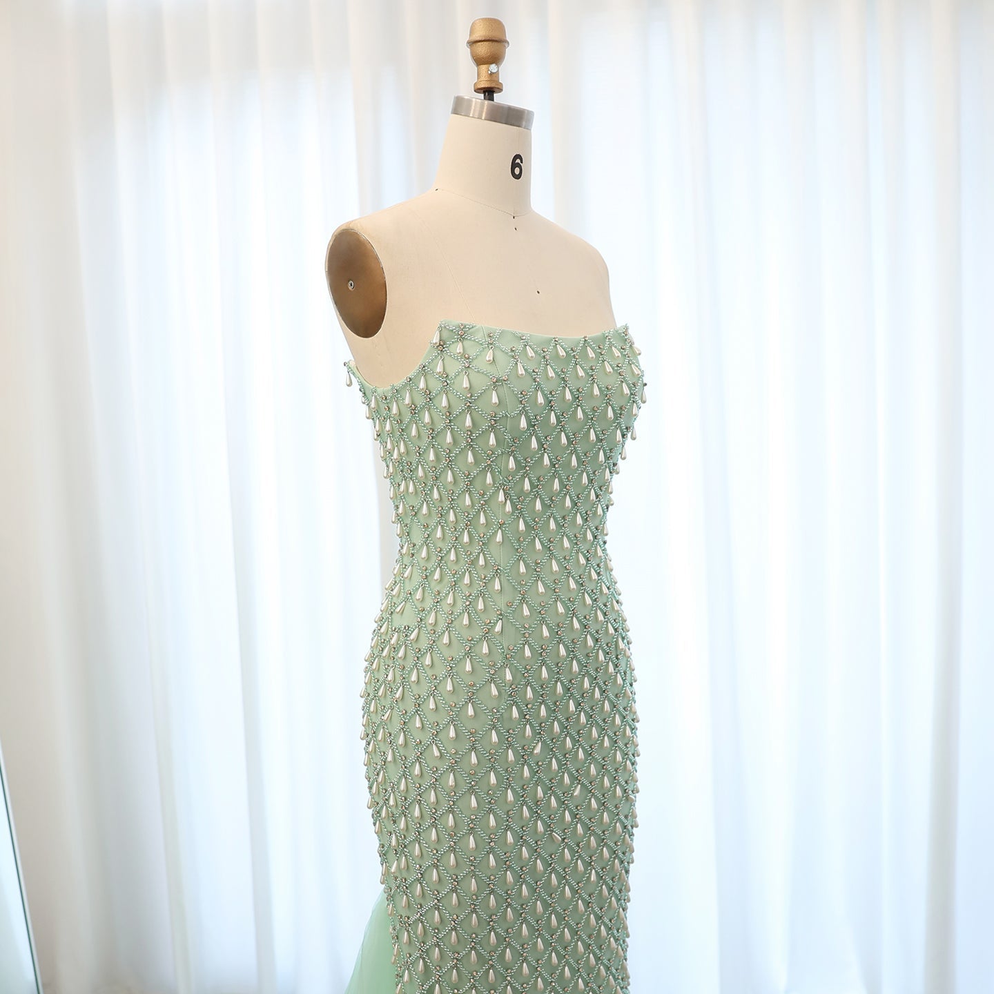 Luxury Pearls Sage Green Strapless Mermaid Evening Dress with Cape SS431