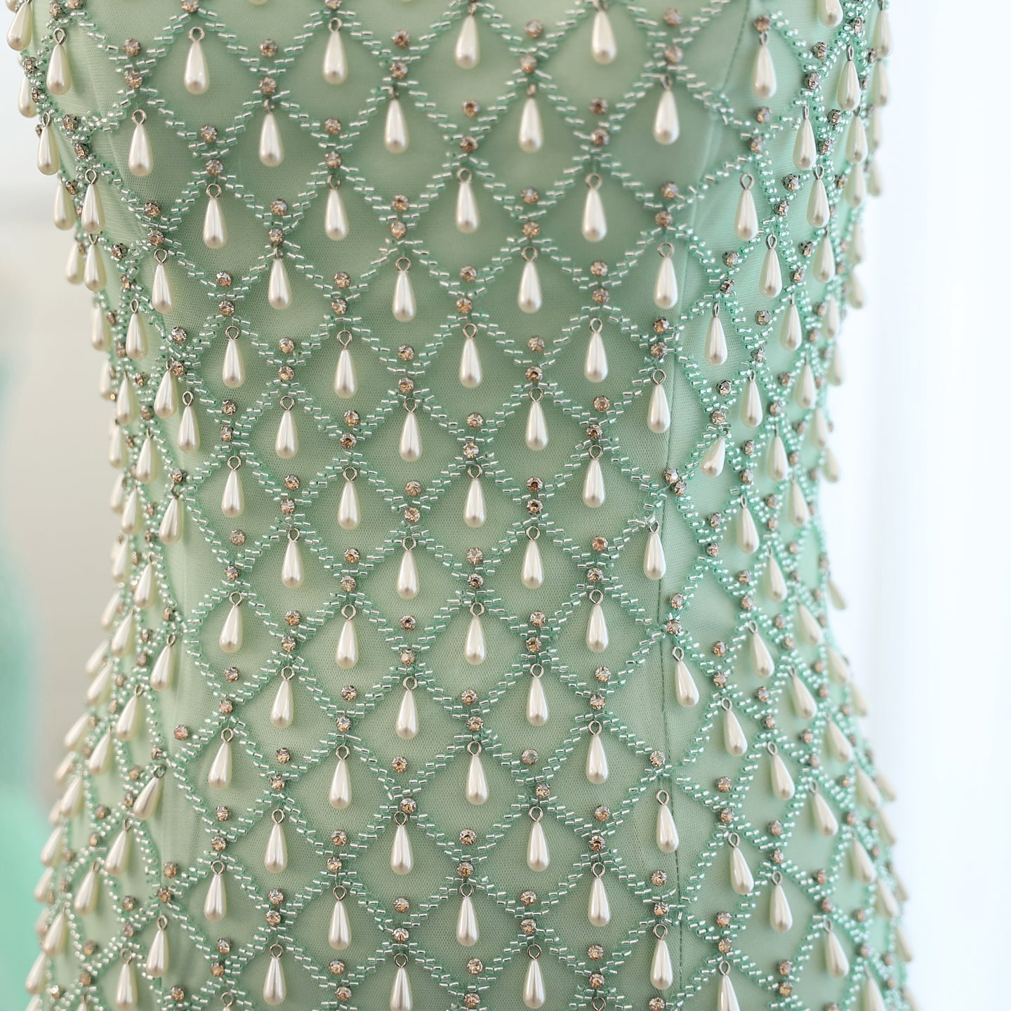 Luxury Pearls Sage Green Strapless Mermaid Evening Dress with Cape SS431