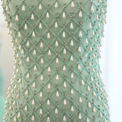 Luxury Crystal Pearls Sage Green Evening Dress with Cape SS431