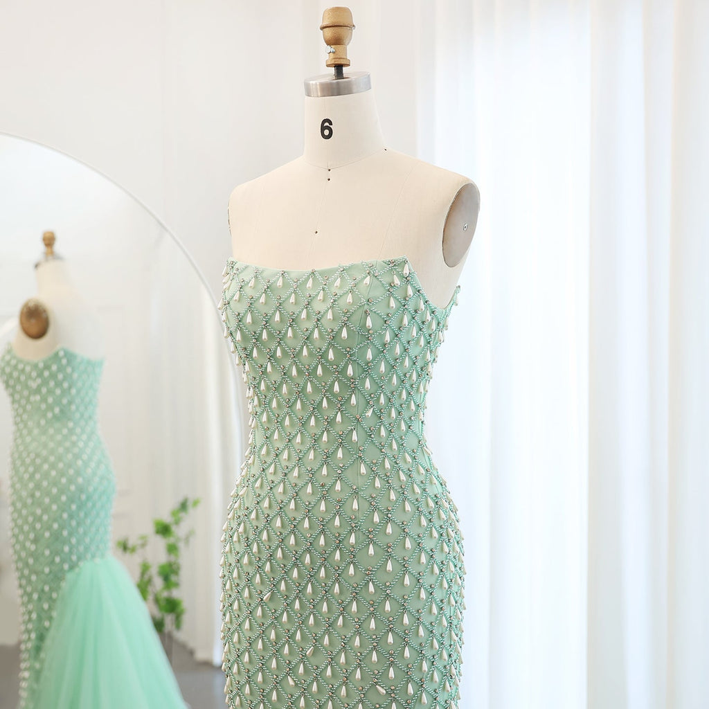 Luxury Pearls Sage Green Strapless Mermaid Evening Dress with Cape SS431