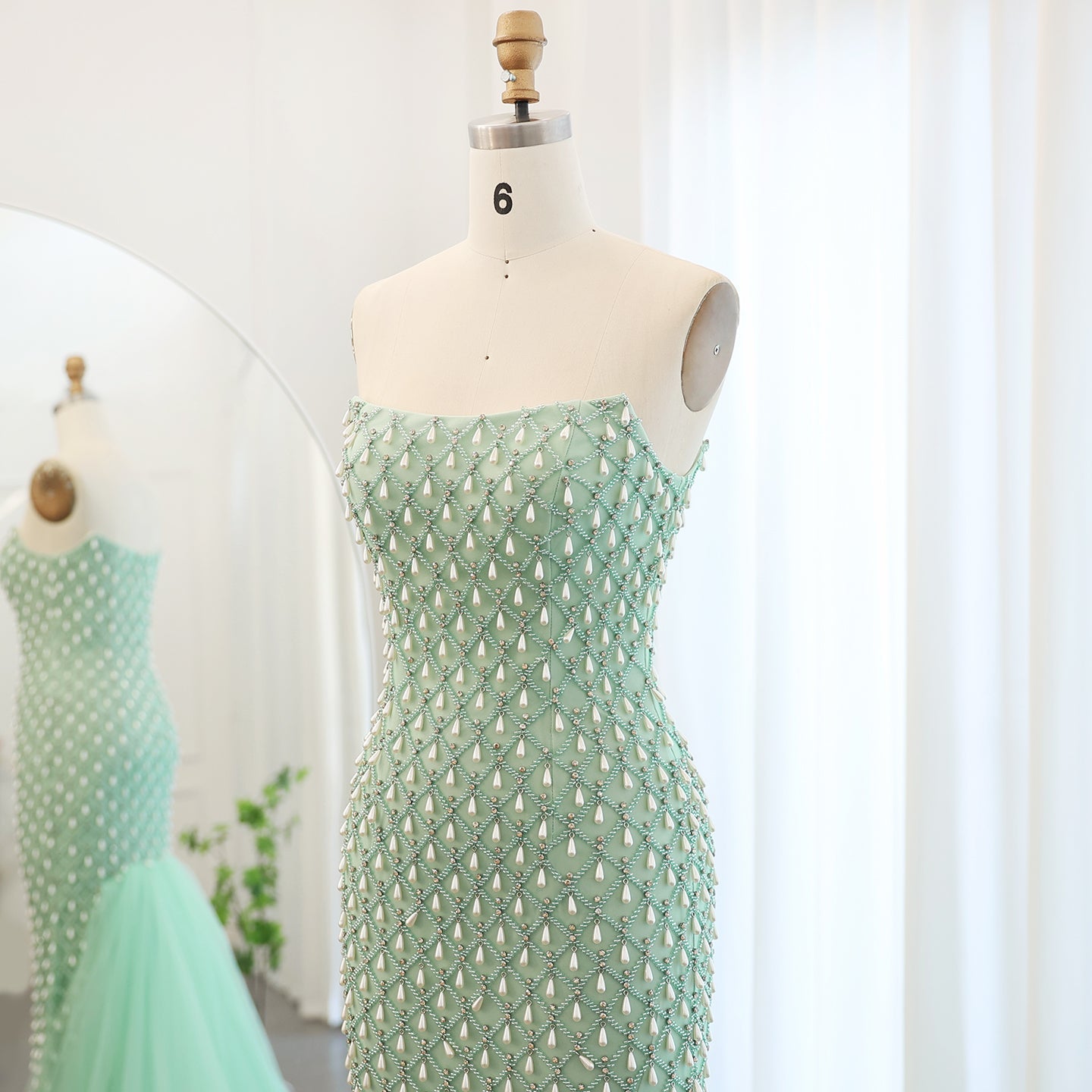 Luxury Pearls Sage Green Strapless Mermaid Evening Dress with Cape SS431