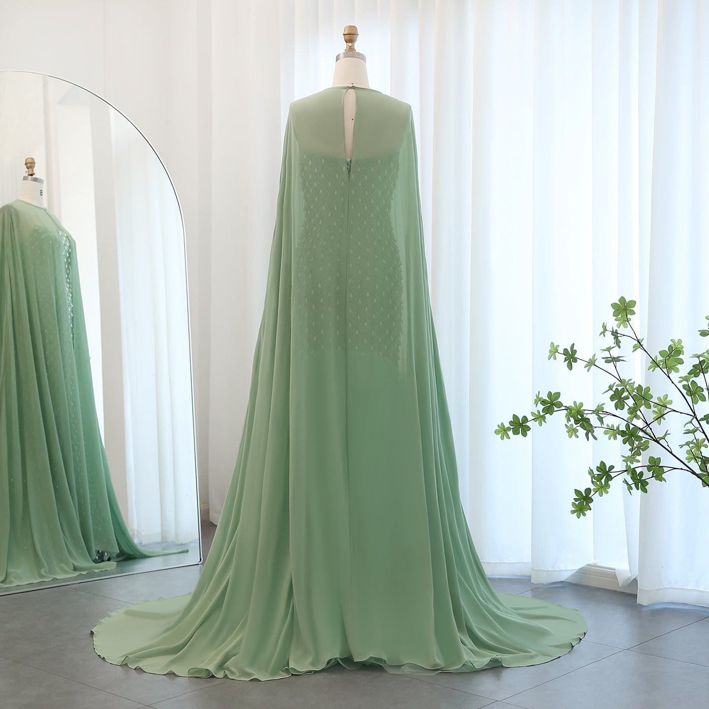 Luxury Pearls Sage Green Strapless Mermaid Evening Dress with Cape SS431