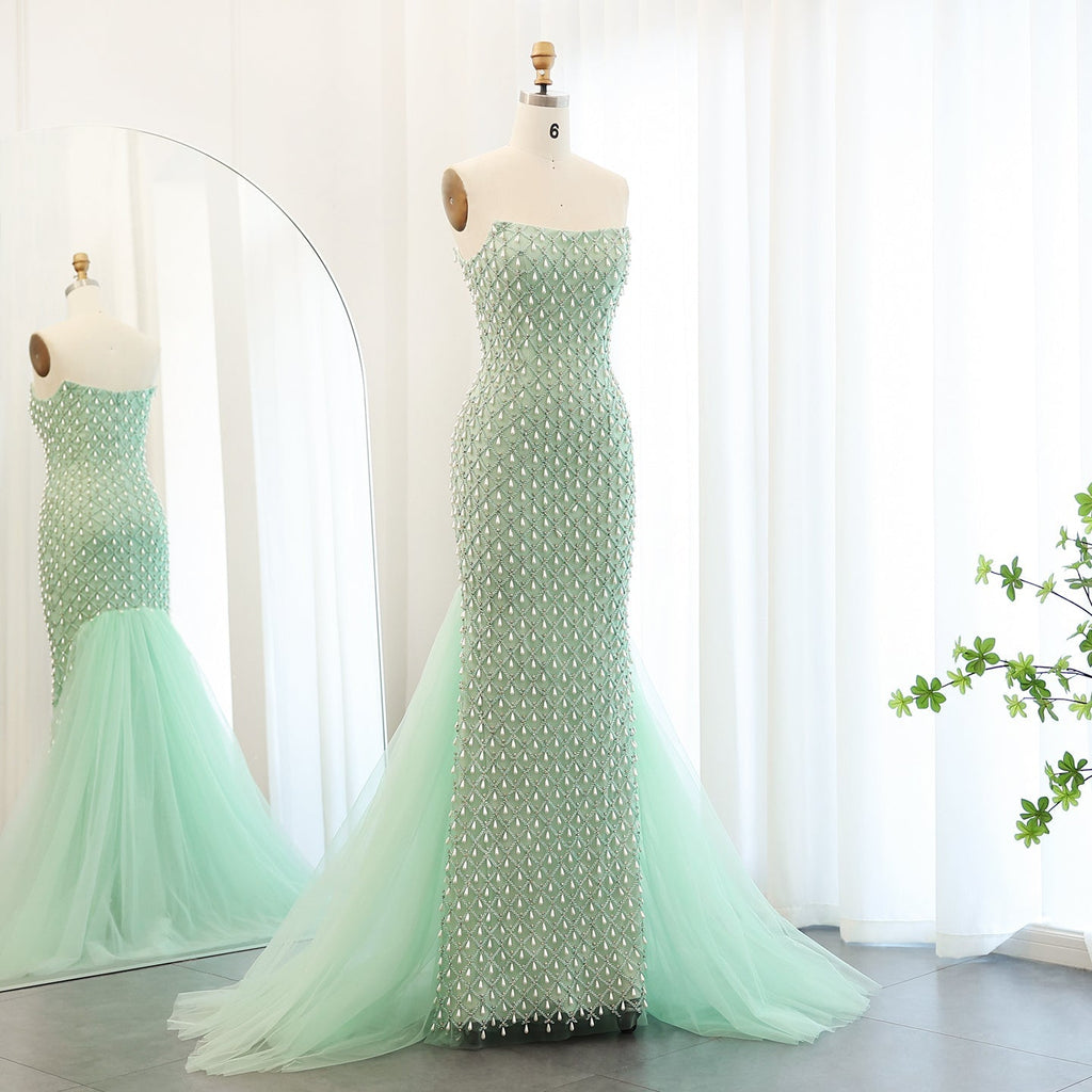 Luxury Pearls Sage Green Strapless Mermaid Evening Dress with Cape SS431