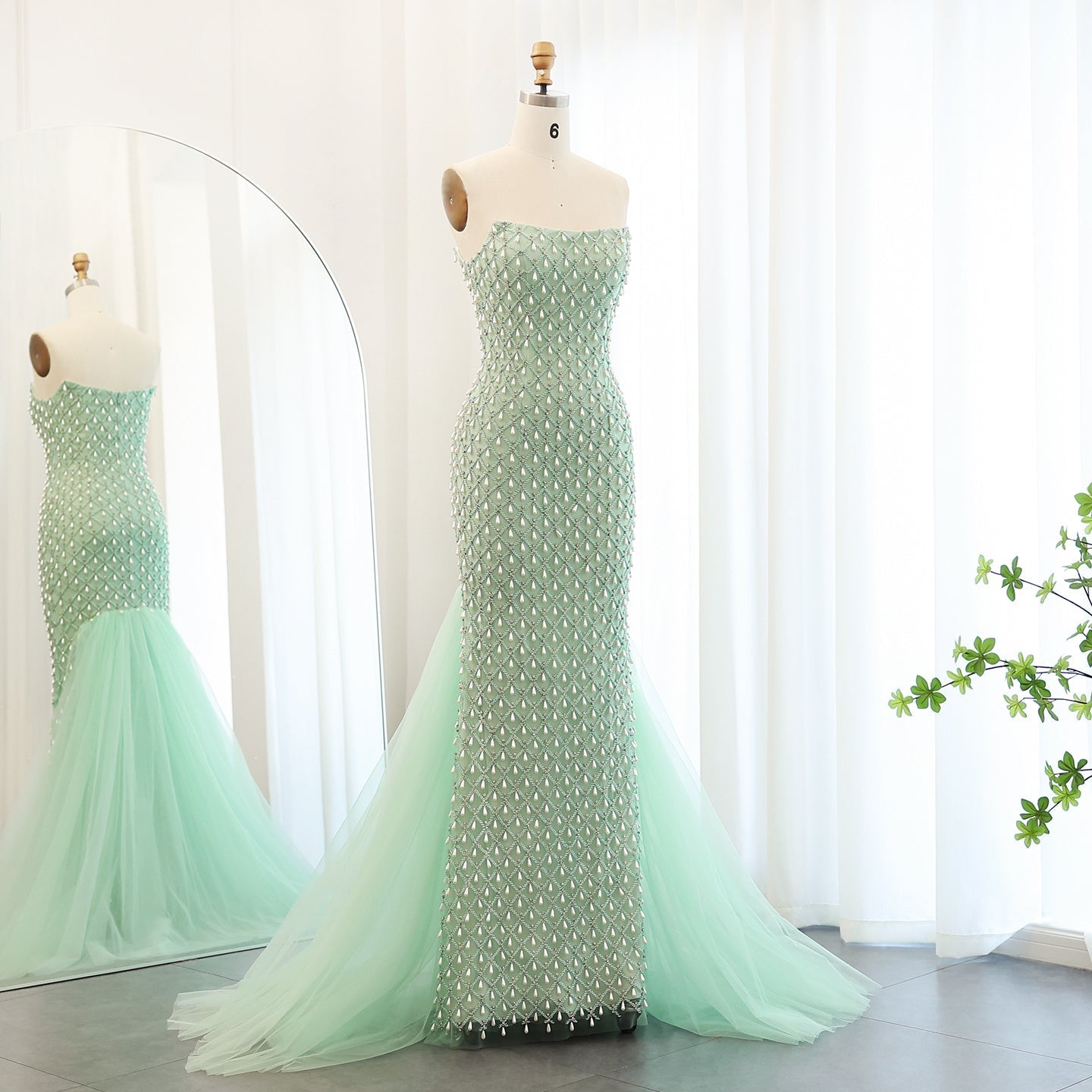 Luxury Pearls Sage Green Strapless Mermaid Evening Dress with Cape SS431
