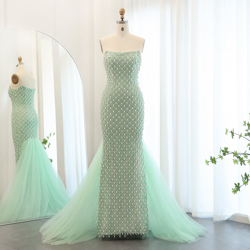 Luxury Pearls Sage Green Strapless Mermaid Evening Dress with Cape SS431